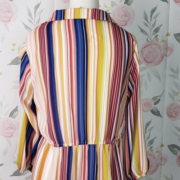 CUTE Yellow Striped Surplice Top Peplum Blouse womens M V Neck medium - Picture 7 of 9